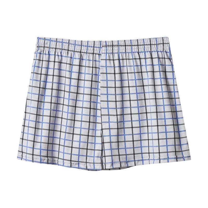 White and blue checked cotton men's boxer shorts with elastic waistband