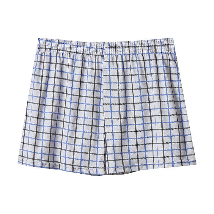 White and blue checked cotton men's boxer shorts with elastic waistband