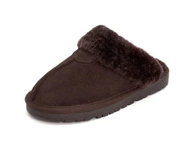 Brown suede slipper with plush fur lining and rubber sole for indoor comfort