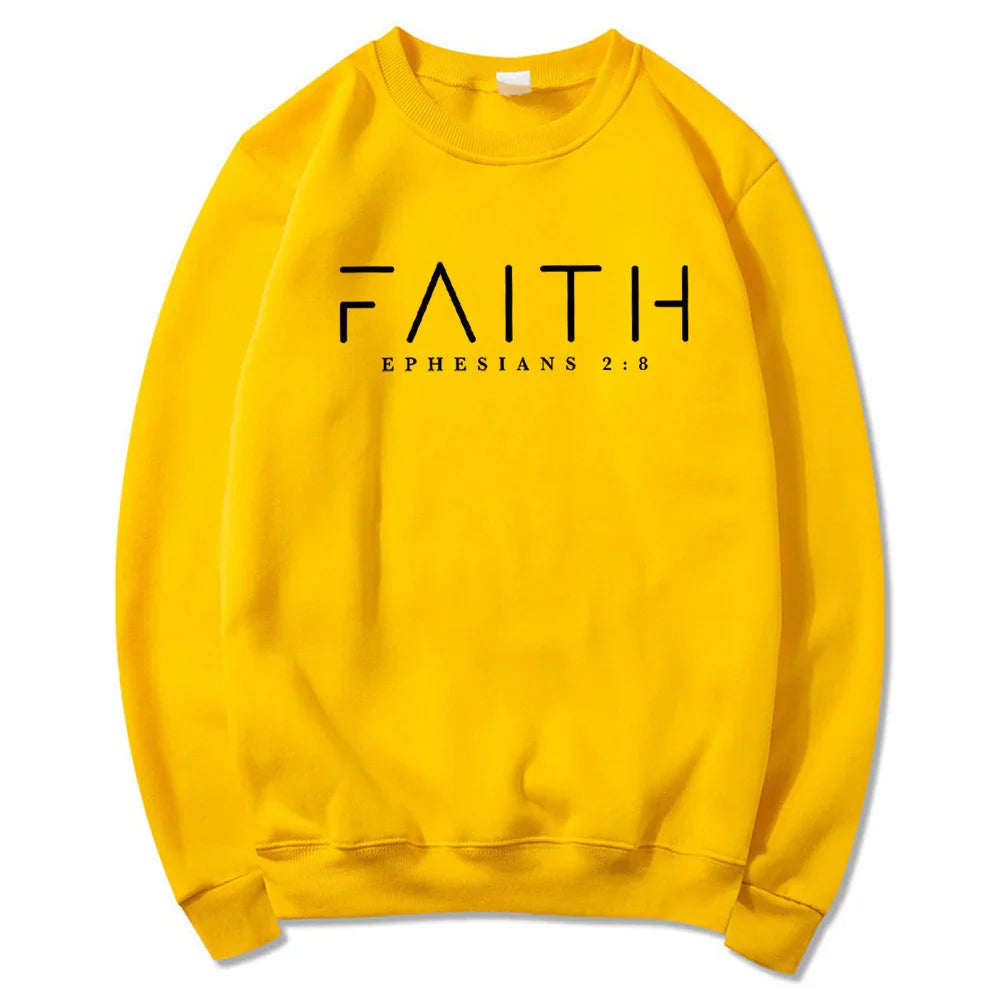 Bright yellow sweatshirt with modern black text FAITH and Bible verse Ephesians 2:8 printed on front