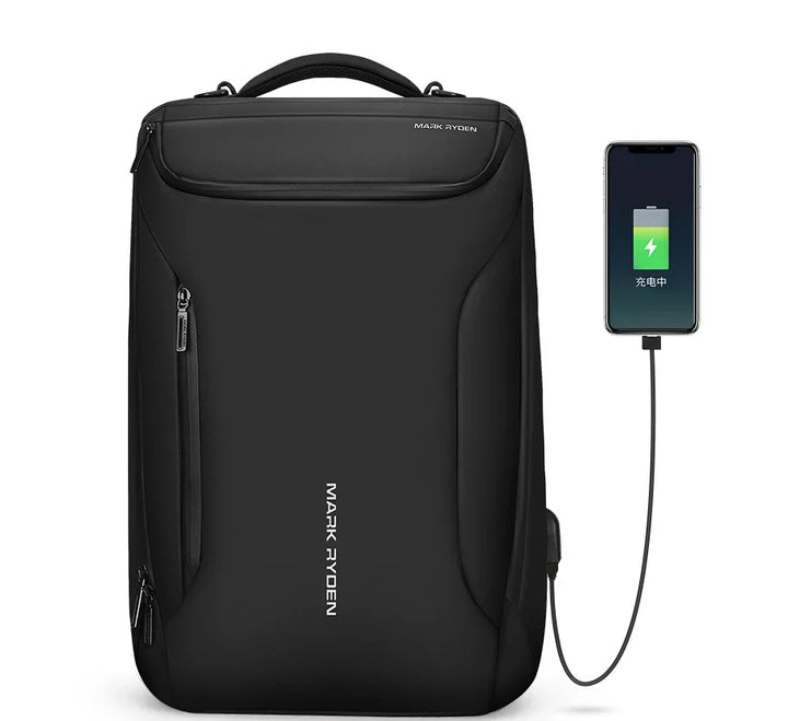 Black Mark Ryden backpack with USB charging port connected to a smartphone showing charging status