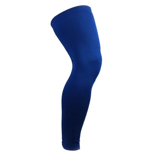 Blue compression leg sleeve for sports and running on a plain white background