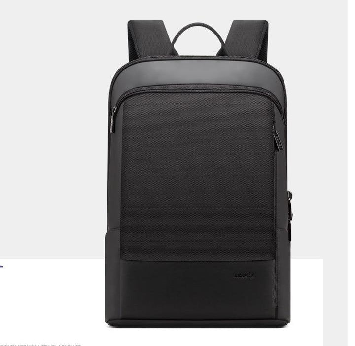 Black sleek modern backpack with front zip pocket and padded shoulder straps