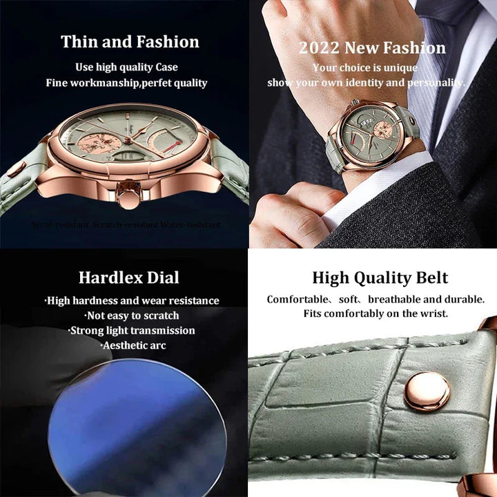 Luxury men's wristwatch with green leather strap, rose gold case, and Hardlex dial features