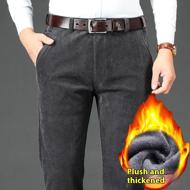 Man wearing dark grey corduroy pants with brown leather belt and white shirt, plush thickened fabric