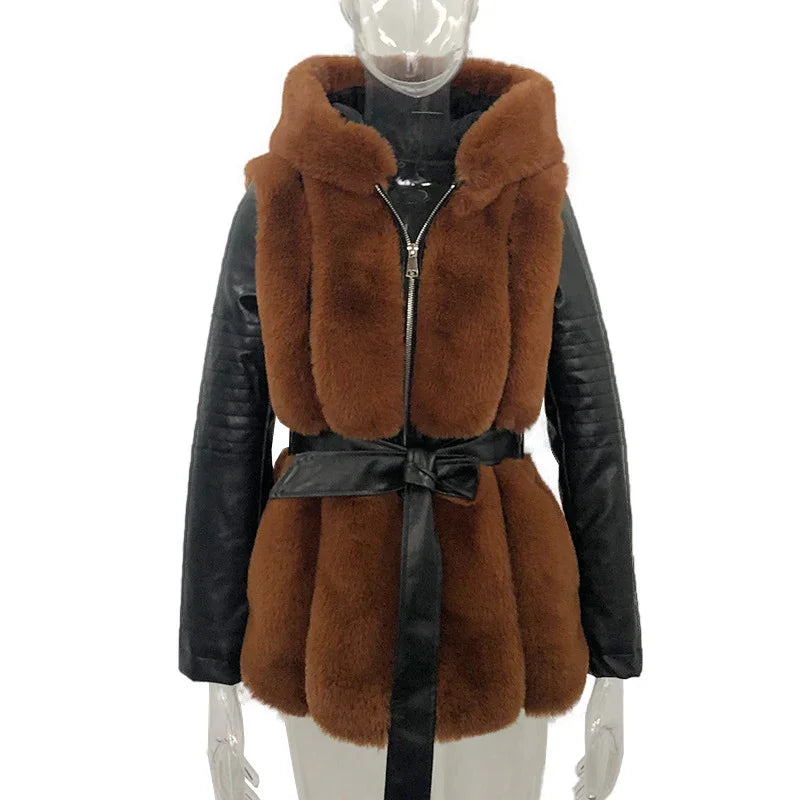 Brown faux fur vest with black leather sleeves and belted waist on transparent mannequin