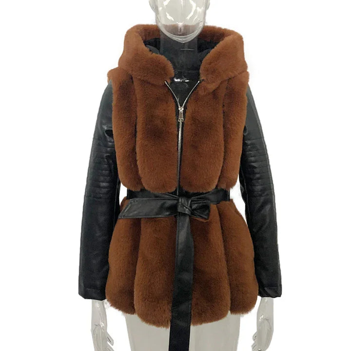 Brown faux fur vest with black leather sleeves and belted waist on transparent mannequin