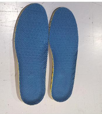 Pair of blue textured insoles on a white surface, designed for footwear comfort