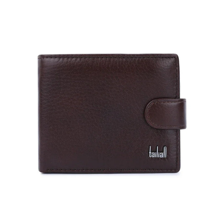 Dark brown leather men's wallet with snap closure and embossed tailiall logo