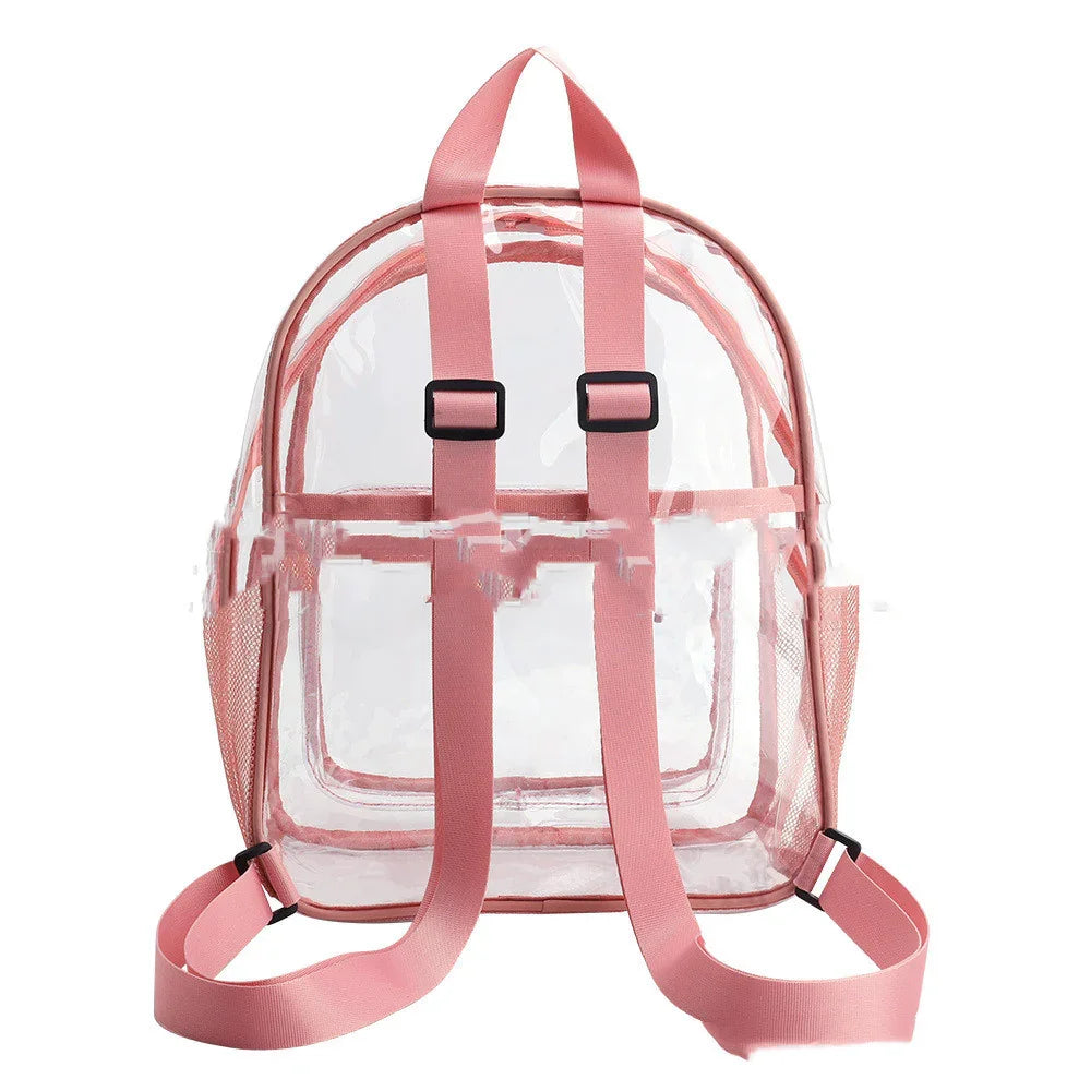Clear backpack with pink straps and mesh side pockets, transparent school bag design