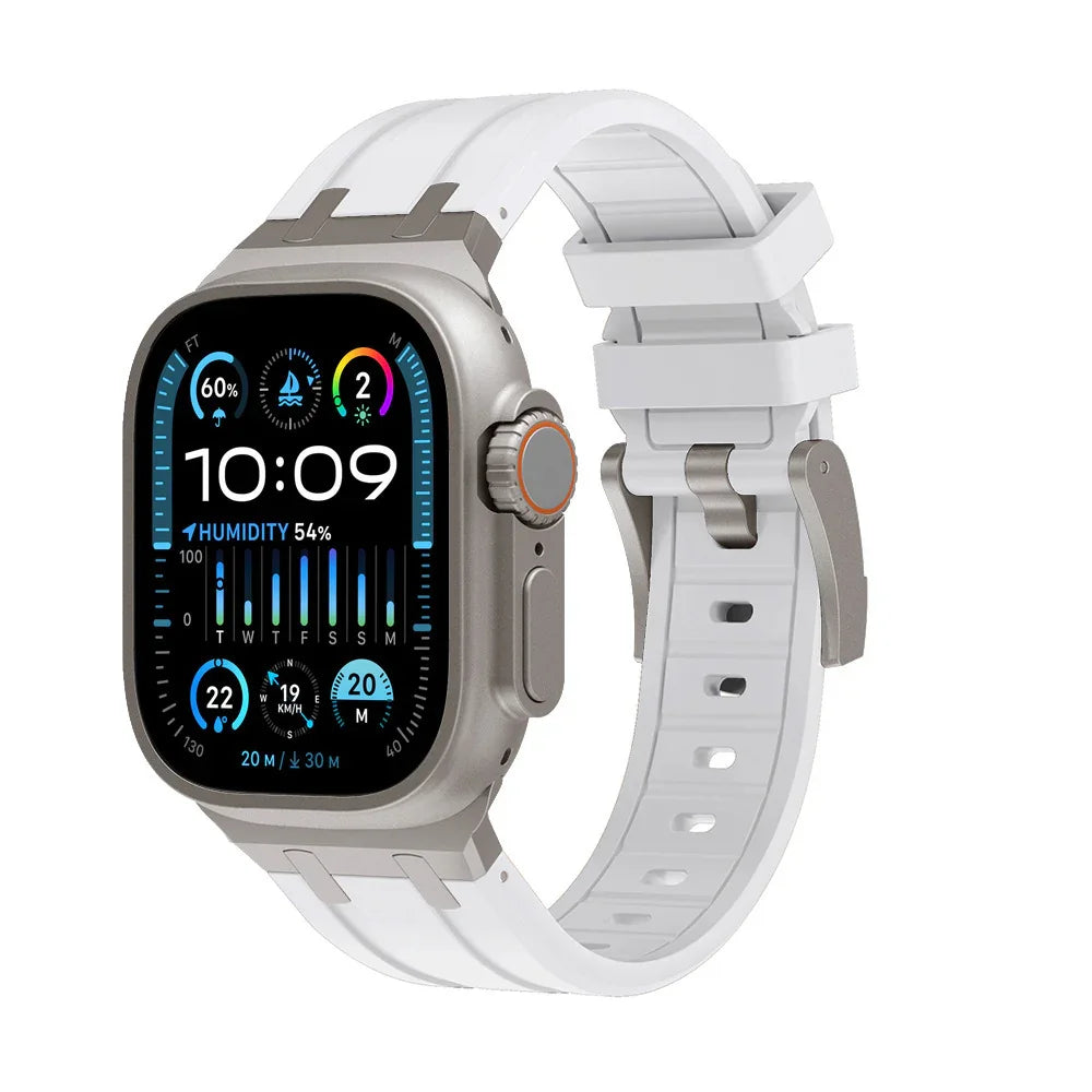Silver smartwatch with white silicone band showing time, humidity, weather, and fitness data