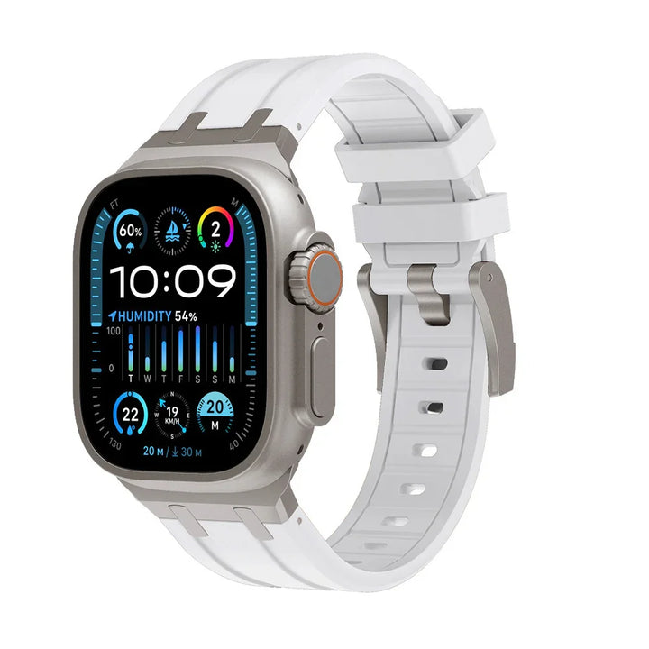 Silver smartwatch with white silicone band showing time, humidity, weather, and fitness data