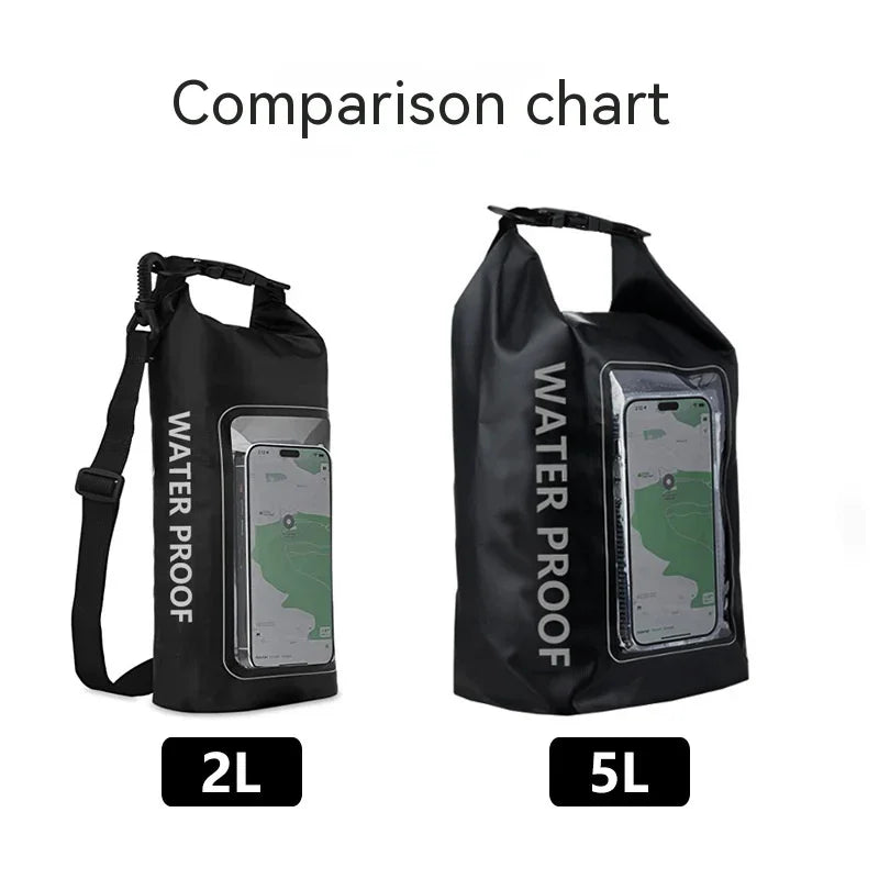 2L and 5L waterproof dry bags with phone holder, black, side by side comparison
