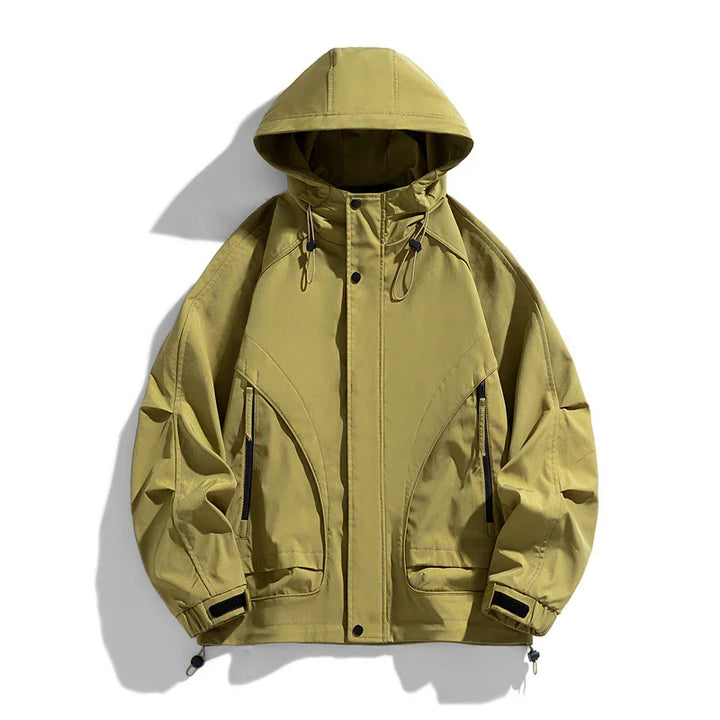 olive green hooded windbreaker jacket with front zipper and adjustable cuffs