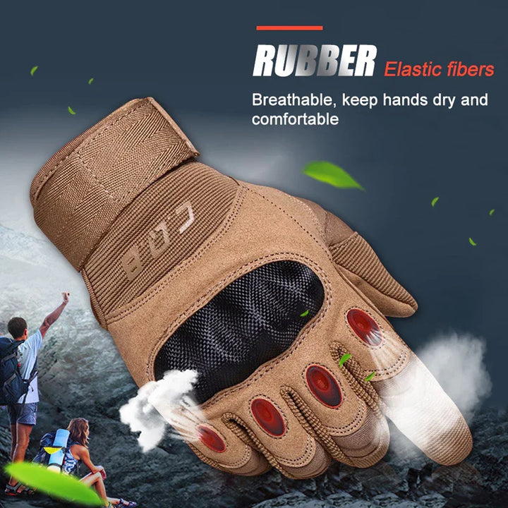 Breathable rubber tactical gloves with elastic fibers designed for comfort and dry hands, hiking background