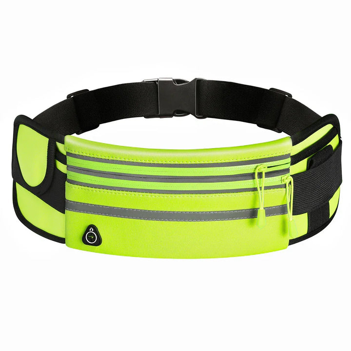 High-visibility neon yellow running belt with black adjustable strap and reflective stripes