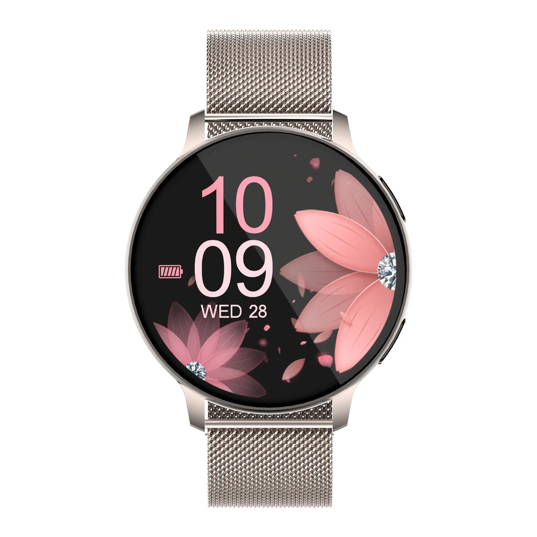 Silver mesh band smartwatch with round face showing pink floral design and digital time display