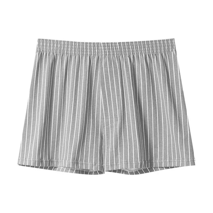 Gray men's boxer shorts with white vertical stripes and elastic waistband