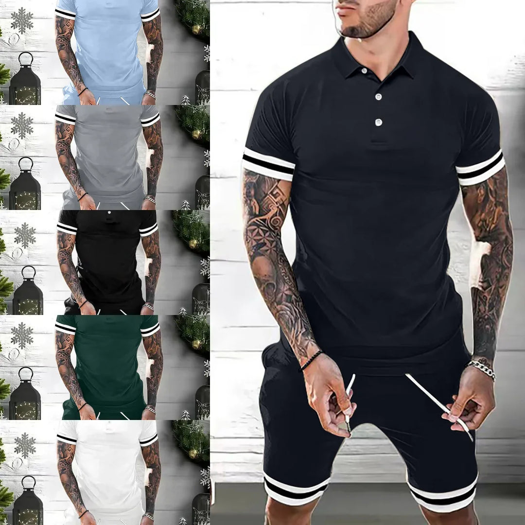 Tattooed man wearing black polo shirt and matching shorts with white striped cuffs, displayed in multiple colors