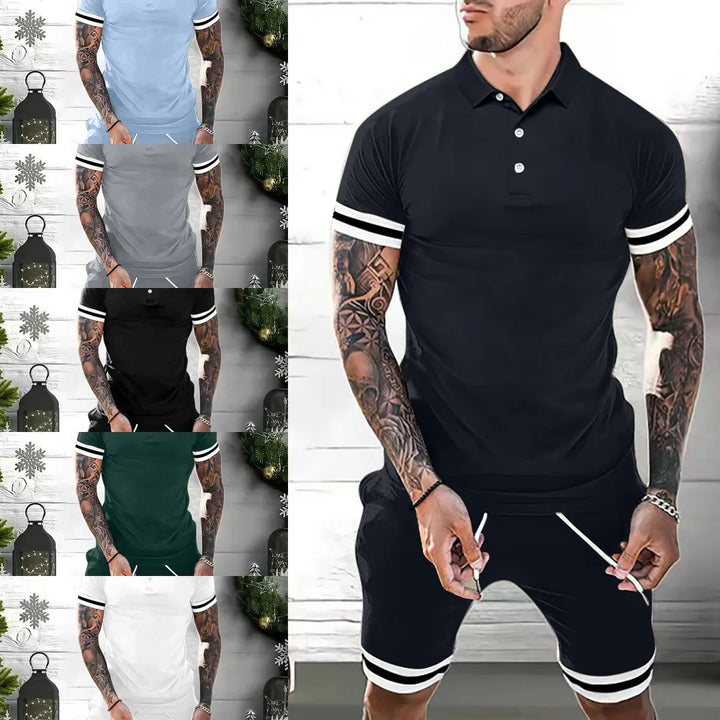 Tattooed man wearing black polo shirt and matching shorts with white striped cuffs, displayed in multiple colors
