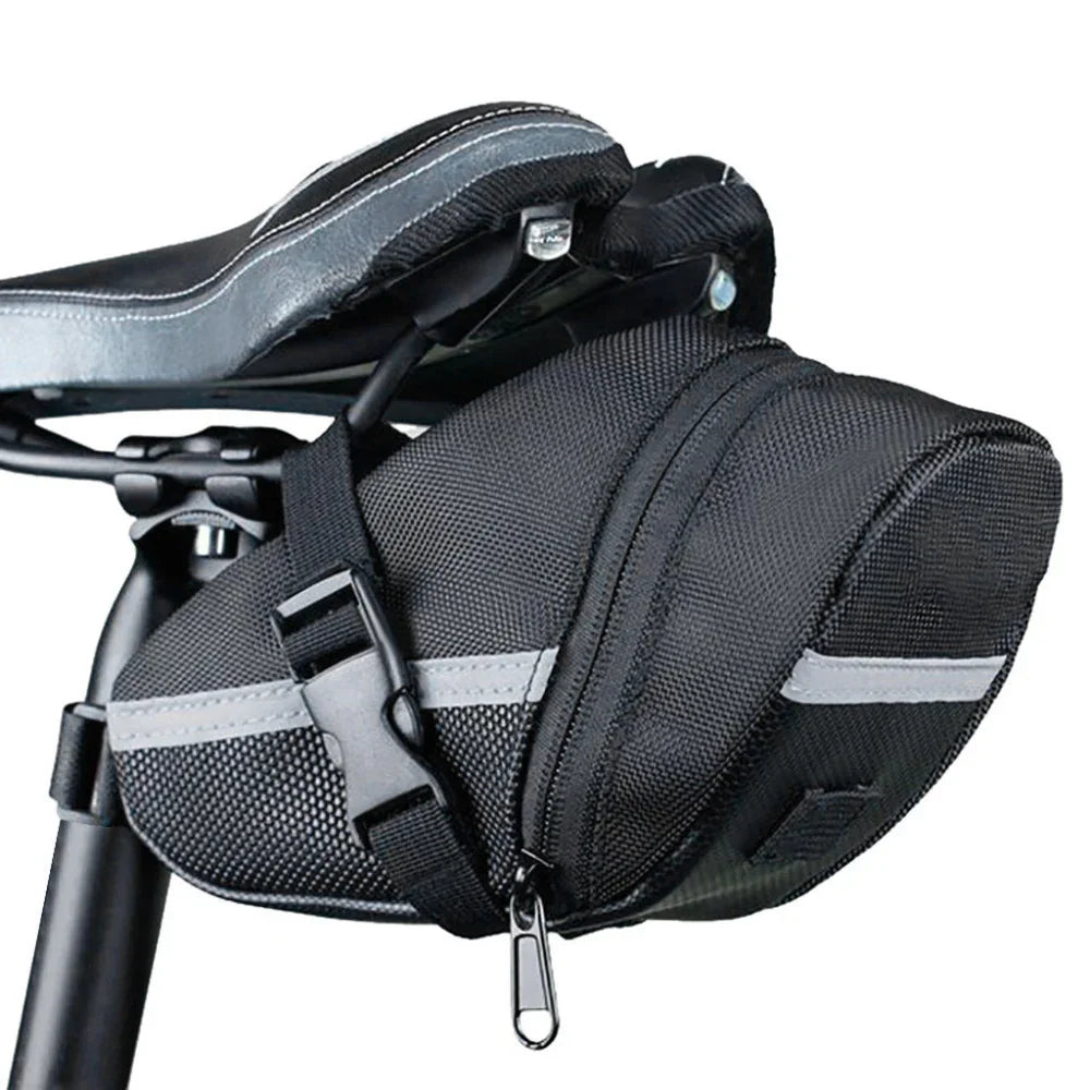 Black bicycle saddle bag with zipper and reflective strip attached under bike seat