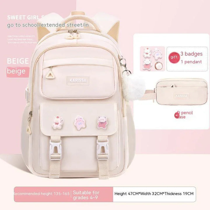 Beige KARISSA girls school backpack with three cute badges and fluffy white pendant, suitable for grades 4-9