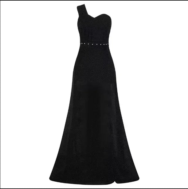 Elegant long black evening gown with one-shoulder design and studded waist detail