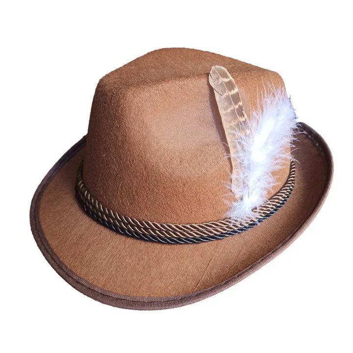 Brown felt fedora hat with twisted rope band and decorative beige and white feathers