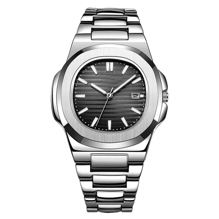 Silver stainless steel wristwatch with black striped dial and date display on white background
