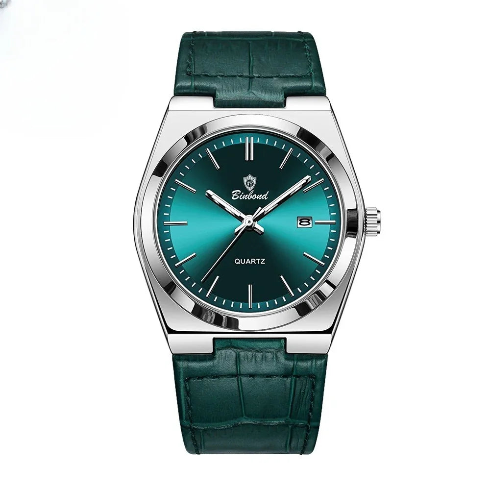 Binbond quartz watch with teal sunburst dial, silver case, and dark green leather strap