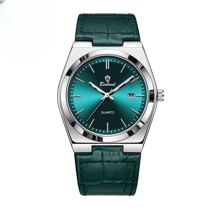 Binbond quartz watch with teal sunburst dial, silver case, and dark green leather strap
