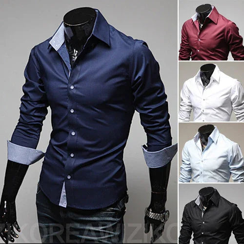 Men's slim fit dress shirts in navy blue, burgundy, white, light blue, and black on mannequins
