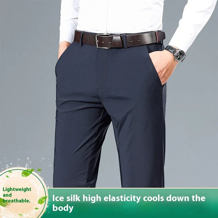 Man wearing navy blue ice silk high elasticity pants with black belt and white shirt