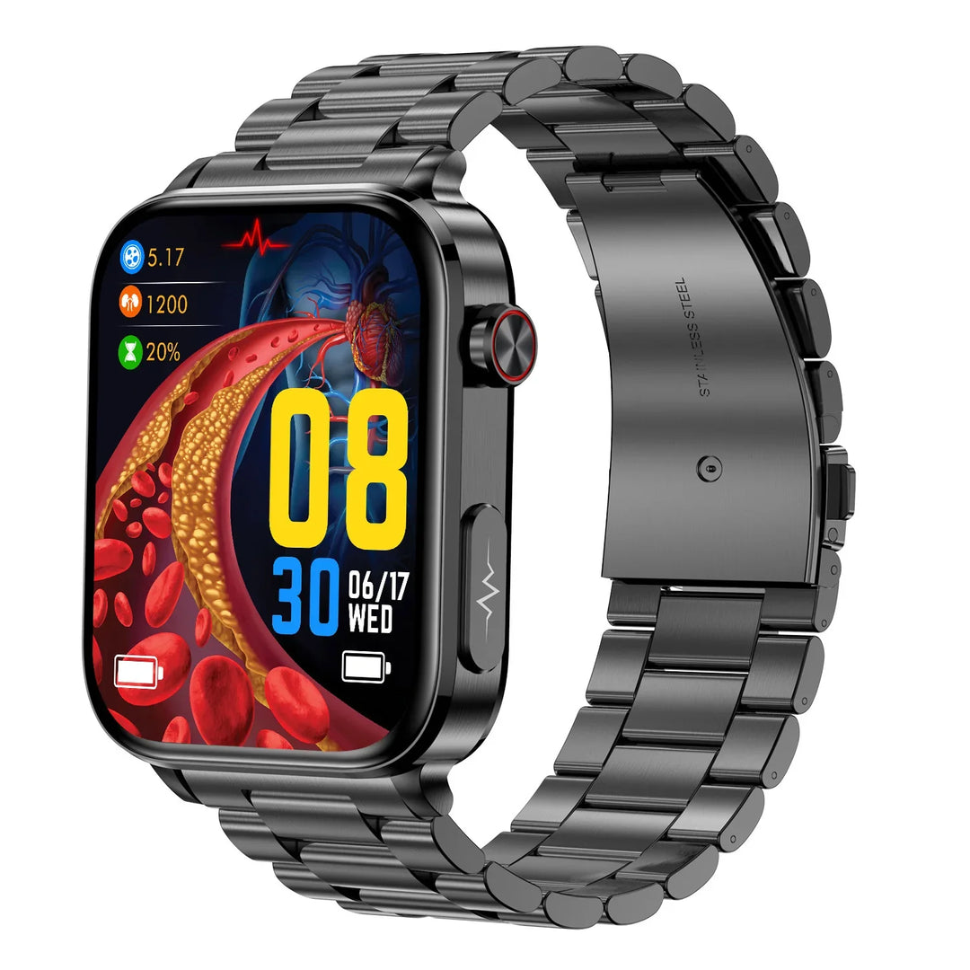 Black stainless steel smartwatch showing health stats and red blood cells graphics on display