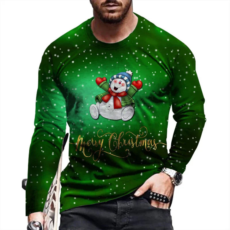 Green Christmas sweatshirt with a cute snowman wearing a hat, scarf, mittens, and gold Merry Christmas text