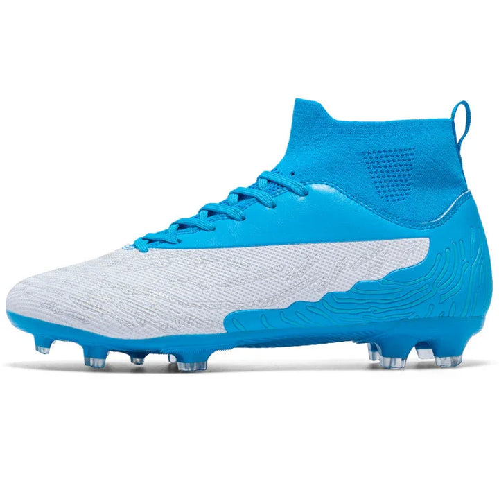 Blue and white soccer cleat with high ankle sock design and textured sole
