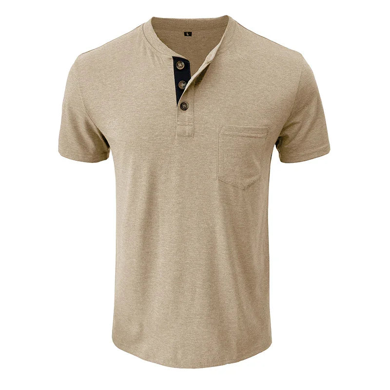 Beige short-sleeve henley shirt with button placket and chest pocket