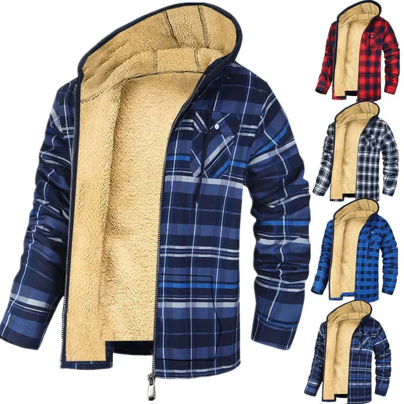 Plaid hooded flannel jacket with soft beige sherpa lining in blue, red, black, and white colors