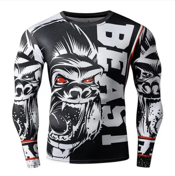 Black and white long-sleeve shirt with fierce gorilla face and red eyes, bold BEAST text design