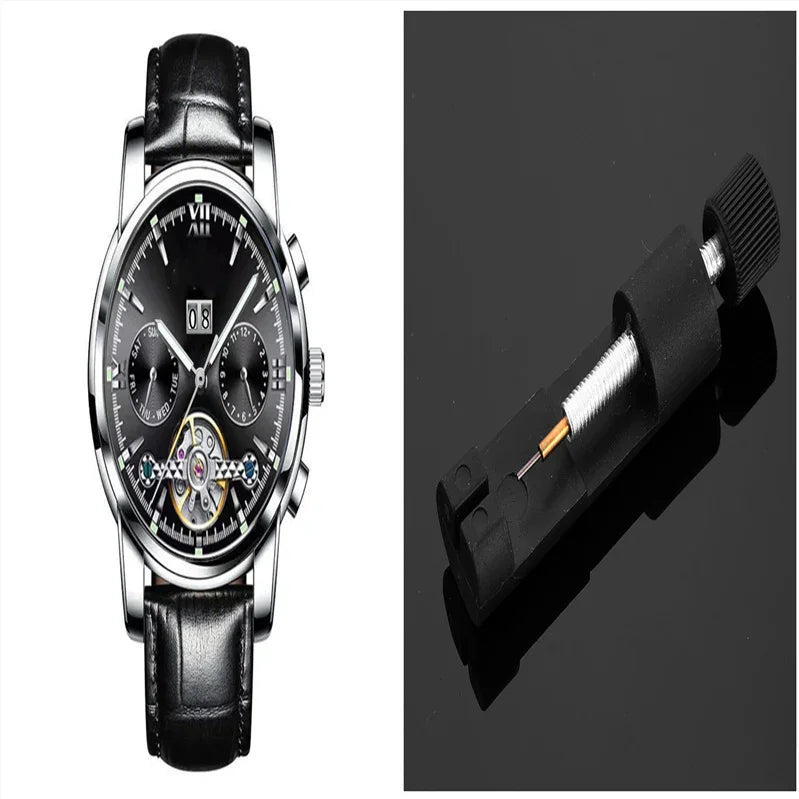 Luxury black leather strap wristwatch with silver case and mechanical movement, watch hand removing tool