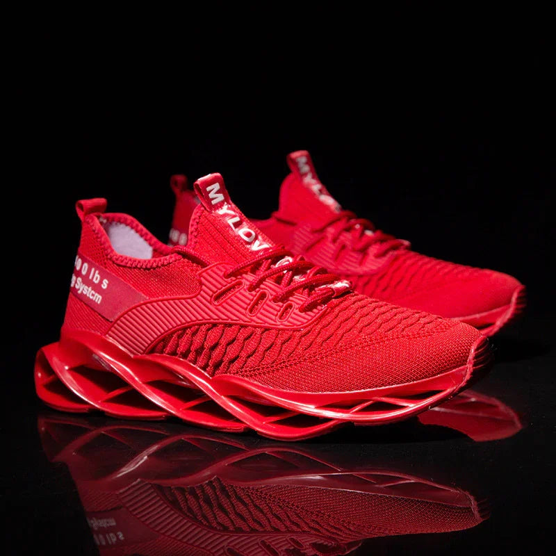 Pair of vibrant red athletic sneakers with unique twisted sole design on black background