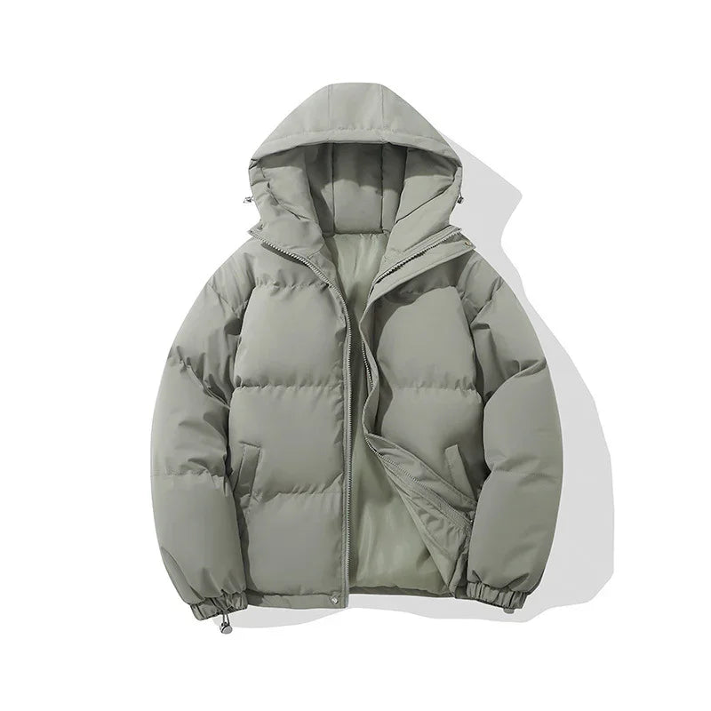 Light gray padded winter puffer jacket with hood and front zipper on white background