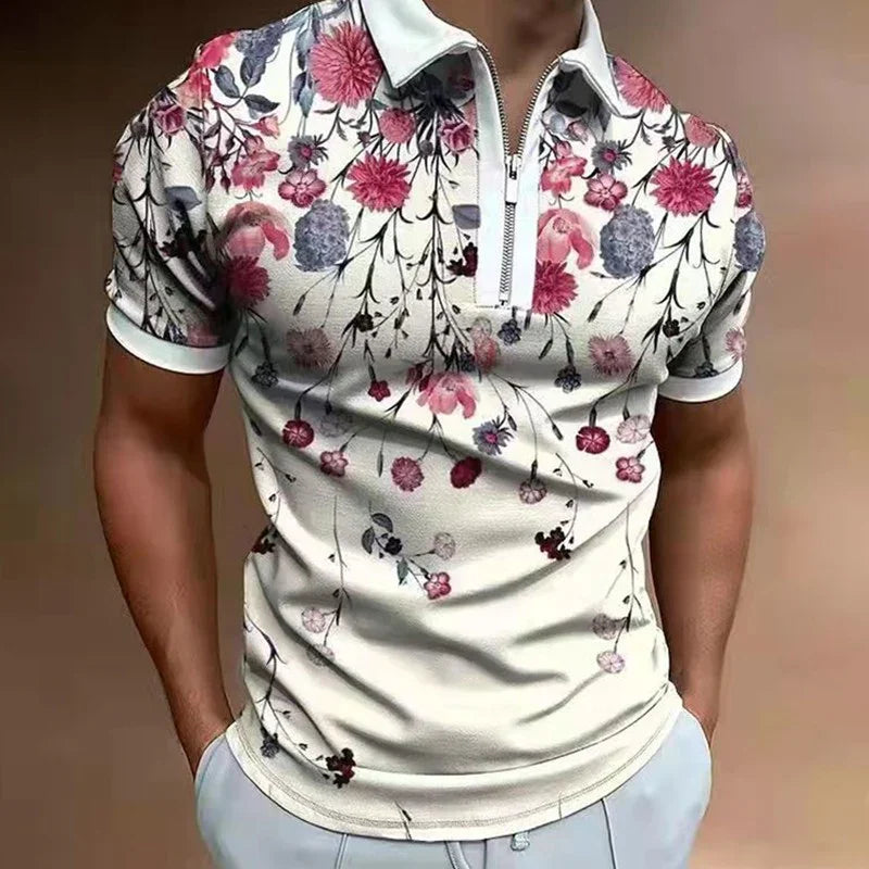 Men's white polo shirt with colorful pink and purple floral print and half zip collar
