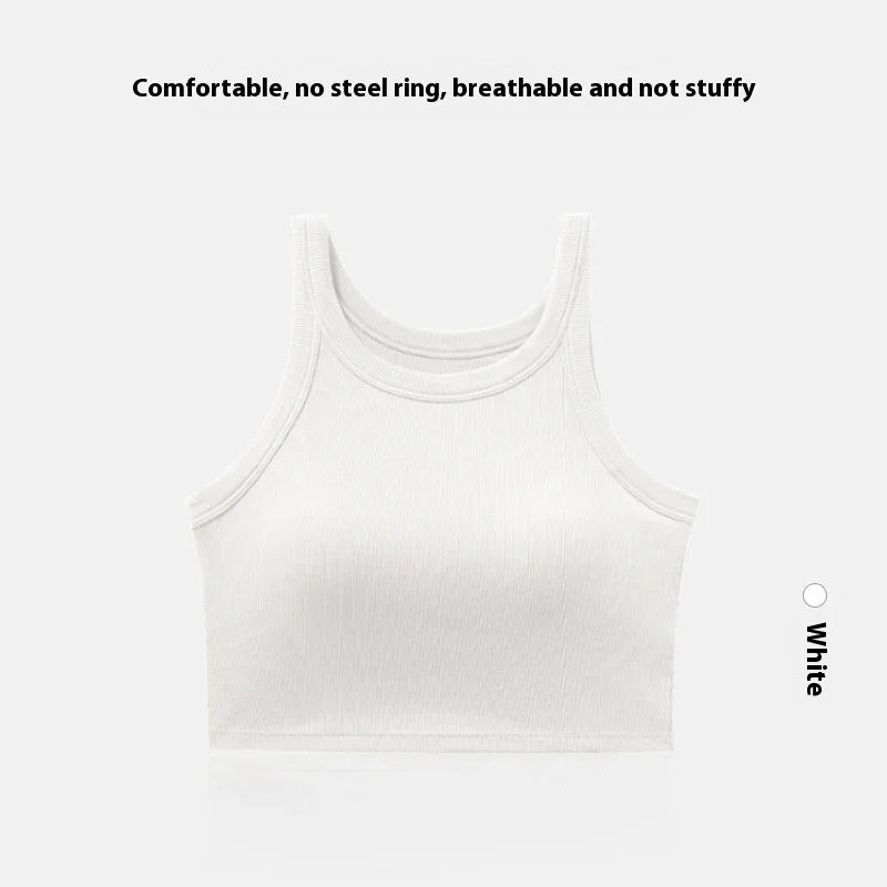 White ribbed crop tank top with no steel ring, breathable and comfortable fabric