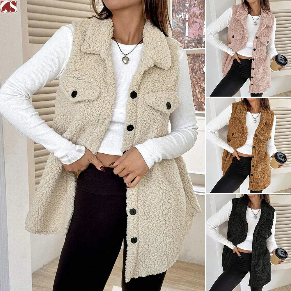 Woman wearing sleeveless sherpa fleece vest in cream, pink, brown, and black with white long sleeve top and black leggings