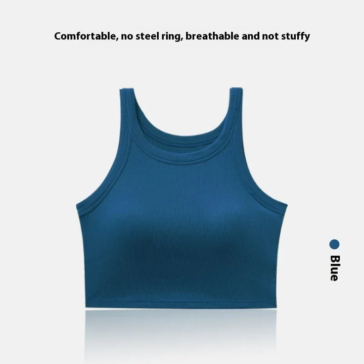 Blue ribbed crop top sports bra with breathable fabric and no steel ring for comfort