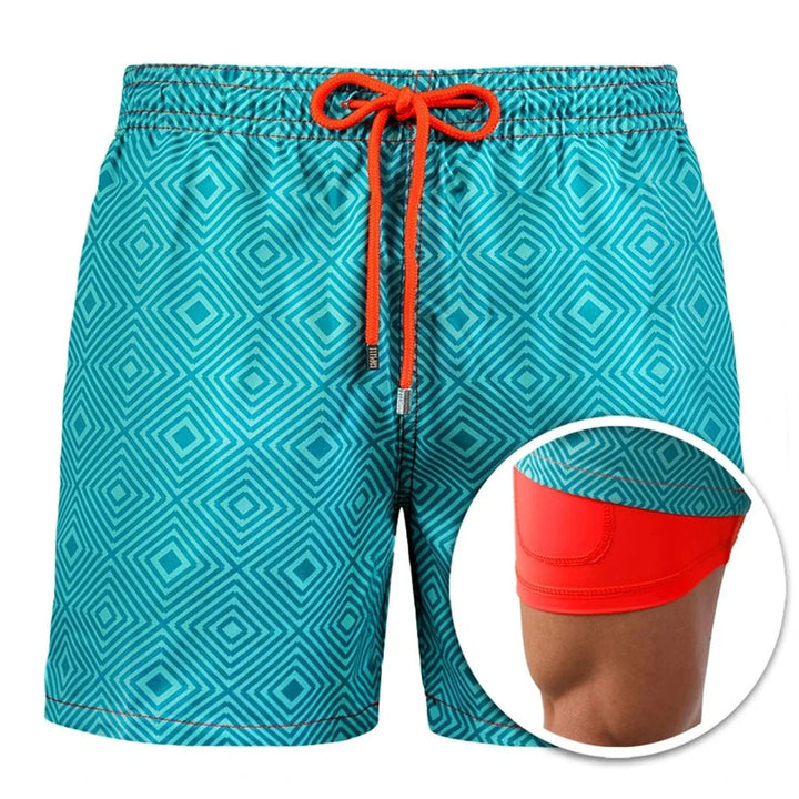 Men's turquoise geometric patterned swim trunks with orange drawstring and red inner lining
