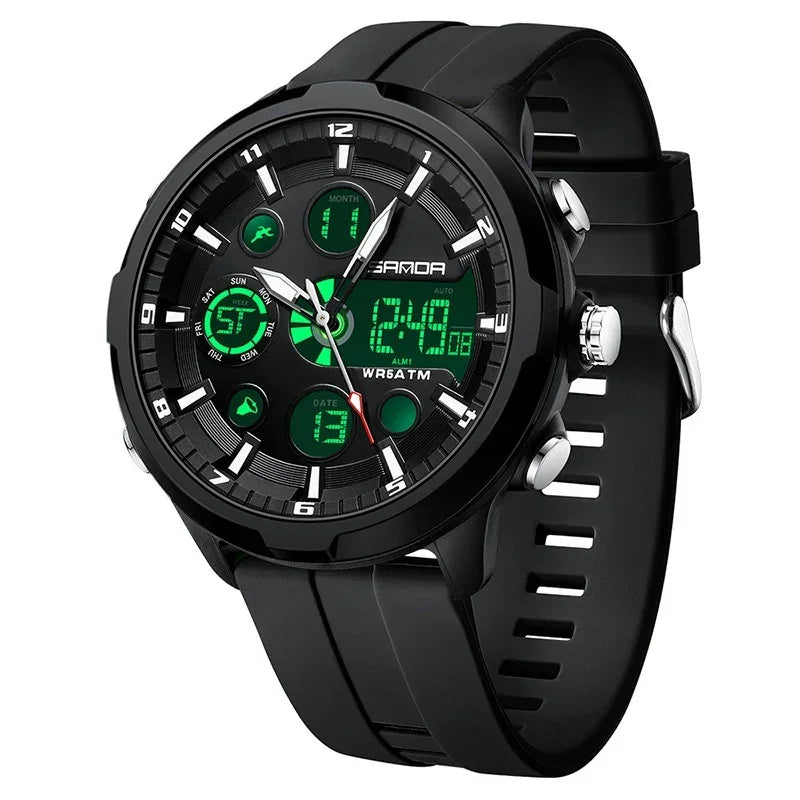 Black sports watch with black silicone strap, analog and digital display featuring green backlight