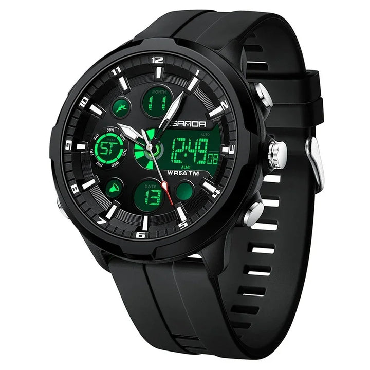 Black sports watch with black silicone strap, analog and digital display featuring green backlight