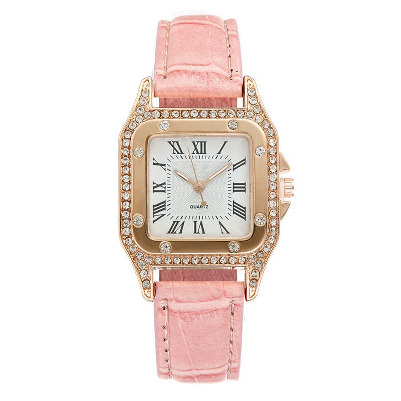 Elegant women's quartz watch with pink leather strap and gold-tone rhinestone-studded square case